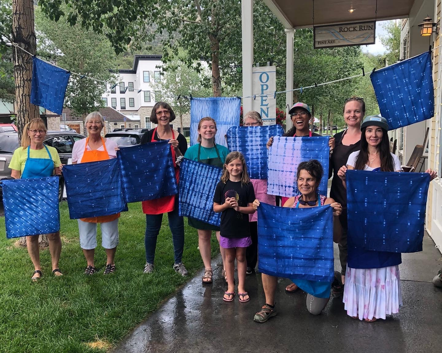 Fun creative party event with indigo dyeing. Shibori skill development. Creative entertainment. Office party. Corporate event. Holiday party entertainment.