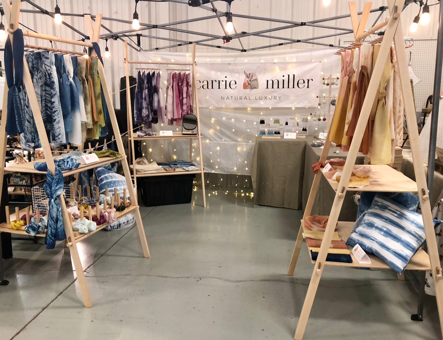 Farmer's market booth, holiday market, textiles at the market, luxury accessories and home goods, wedding accessories, naturally dyed, painted silk.